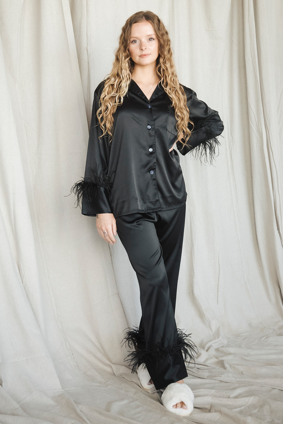 Black Ostrich Feather Pajama Pants Set