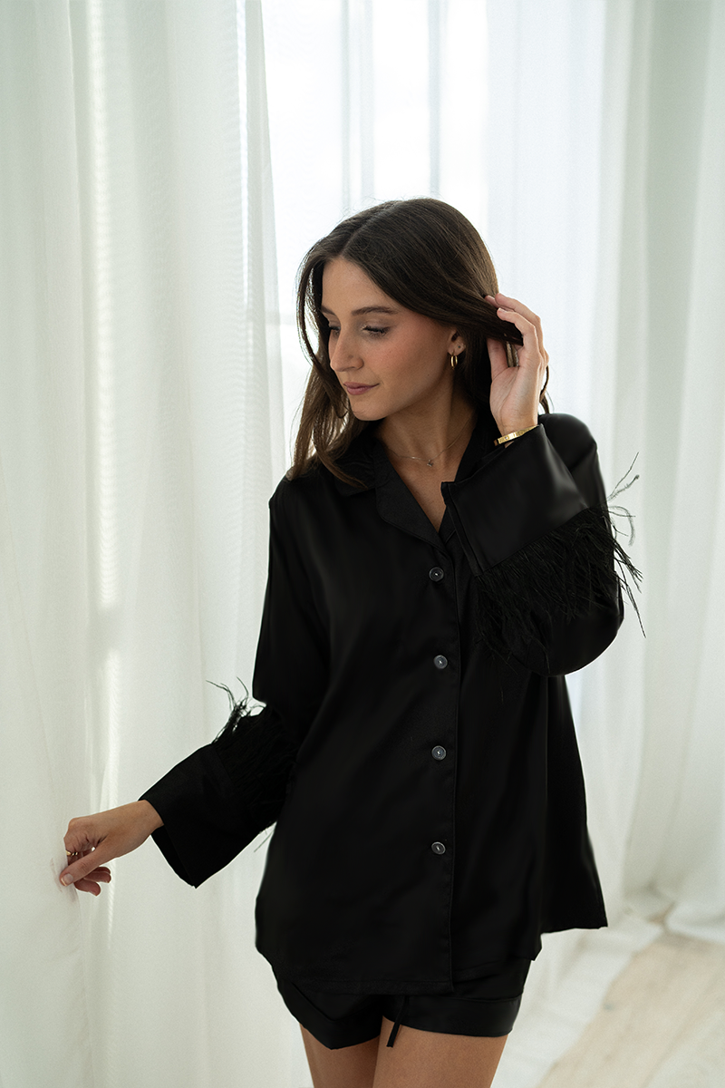 Black Ostrich Feather Pajama Shorts Set