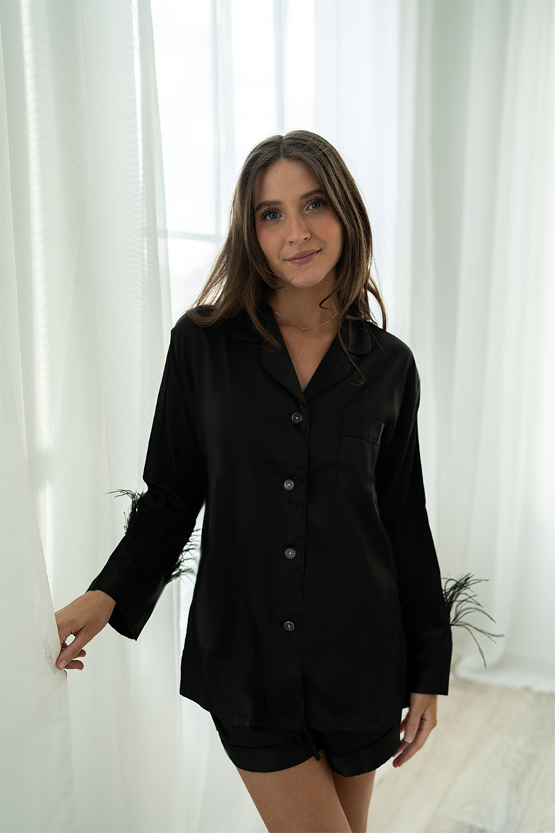 Black Ostrich Feather Pajama Shorts Set