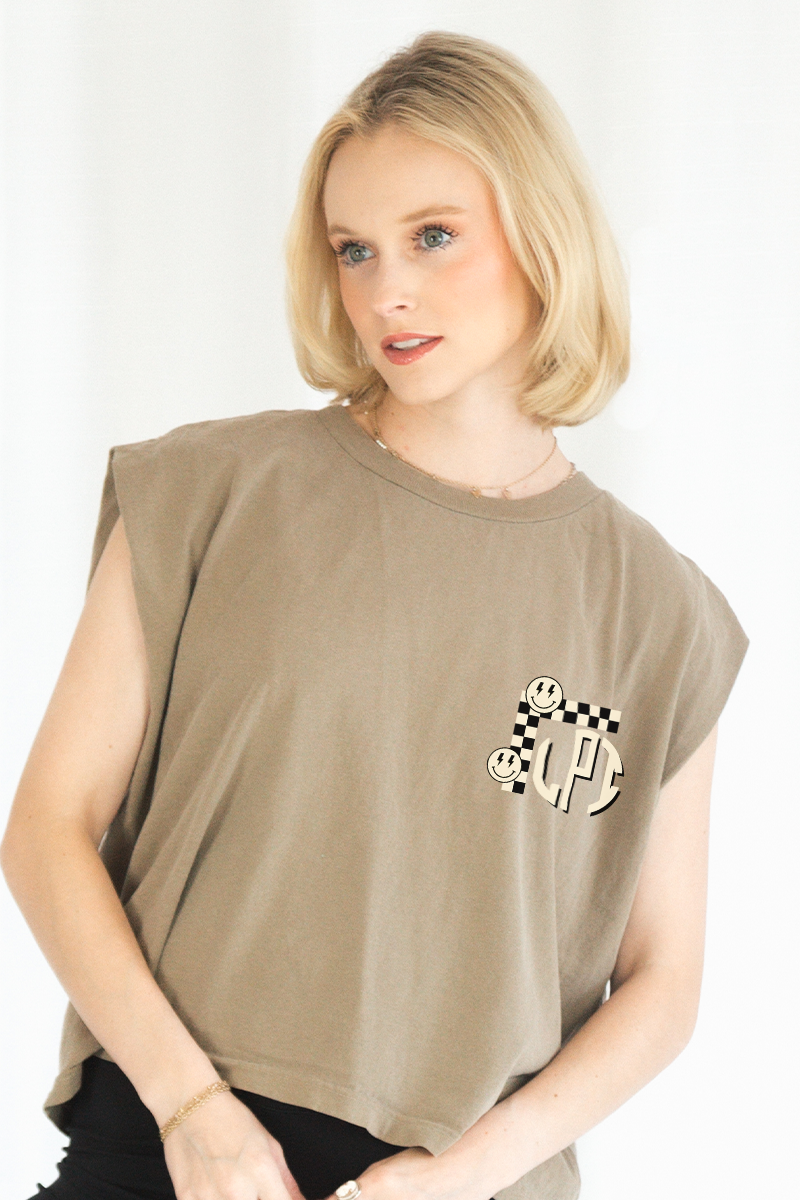 Custom Checkered Monogram Muscle Tank - Faded Brown