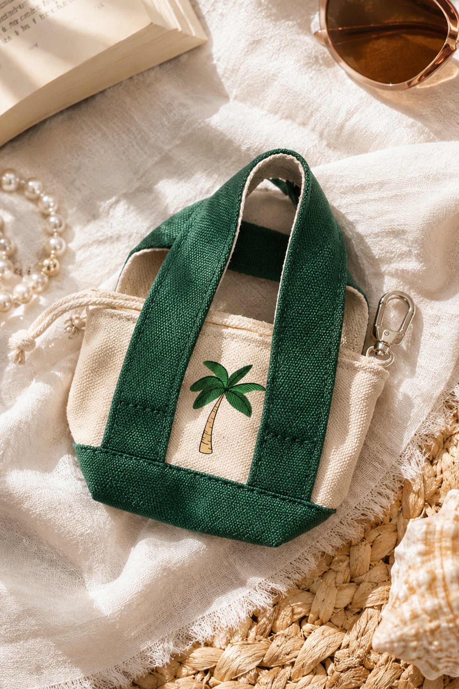 Green Mini Tote Keychain - Palm Tree Design