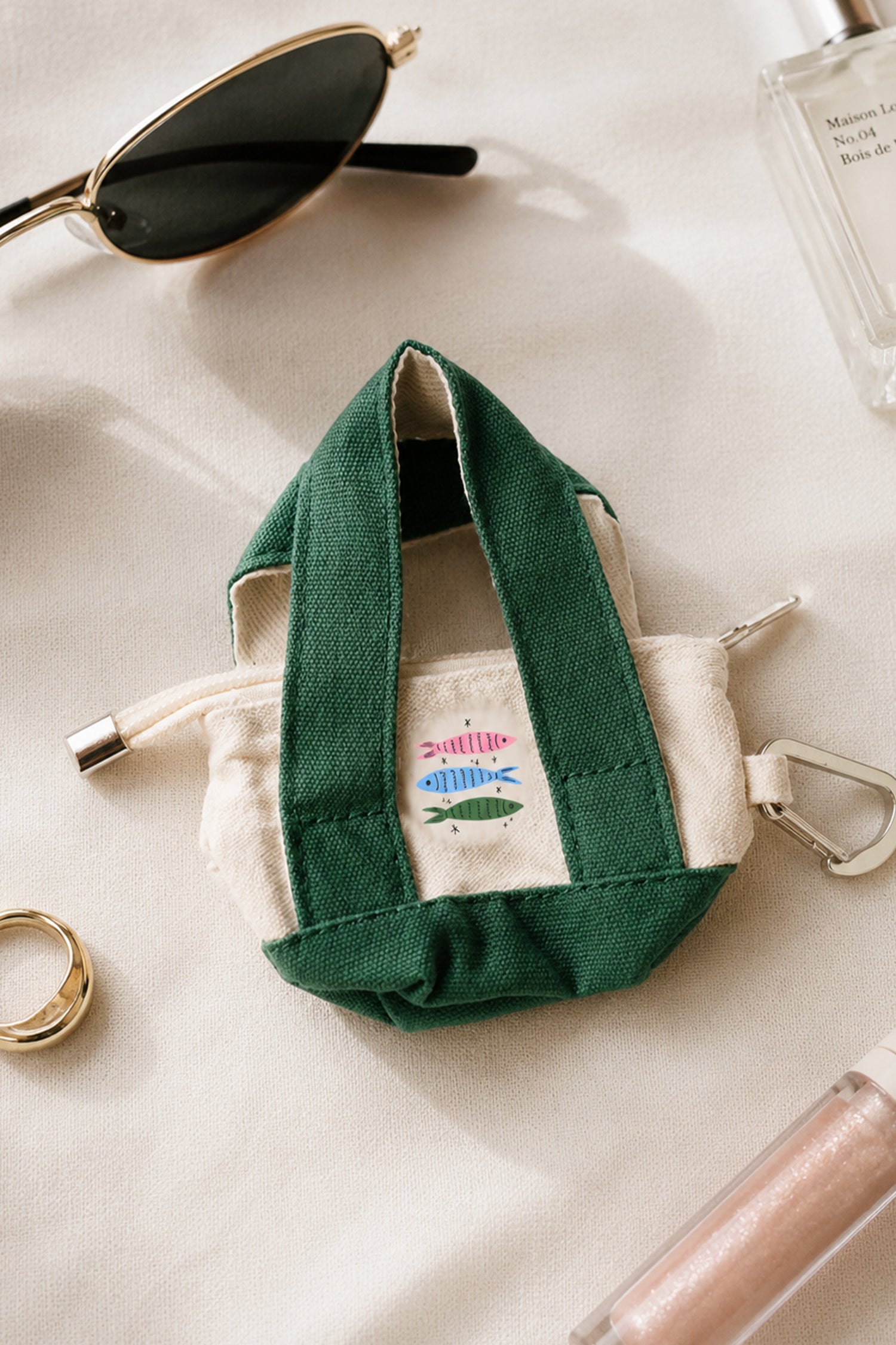 Green Mini Tote Keychain - Sardines Design