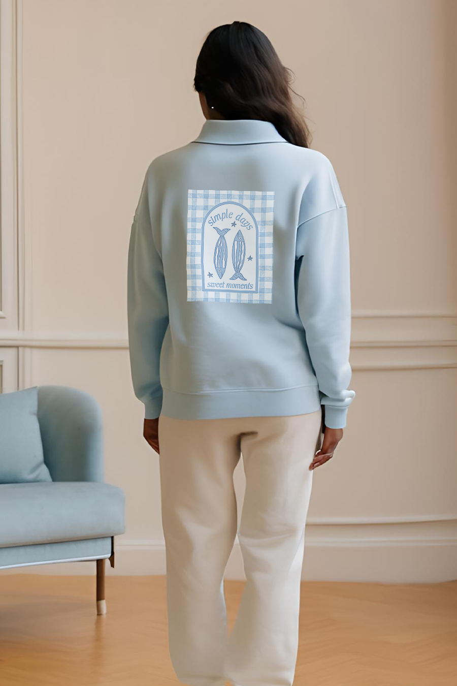 Simple Days Sardines Long Sleeve Collar Sweatshirt