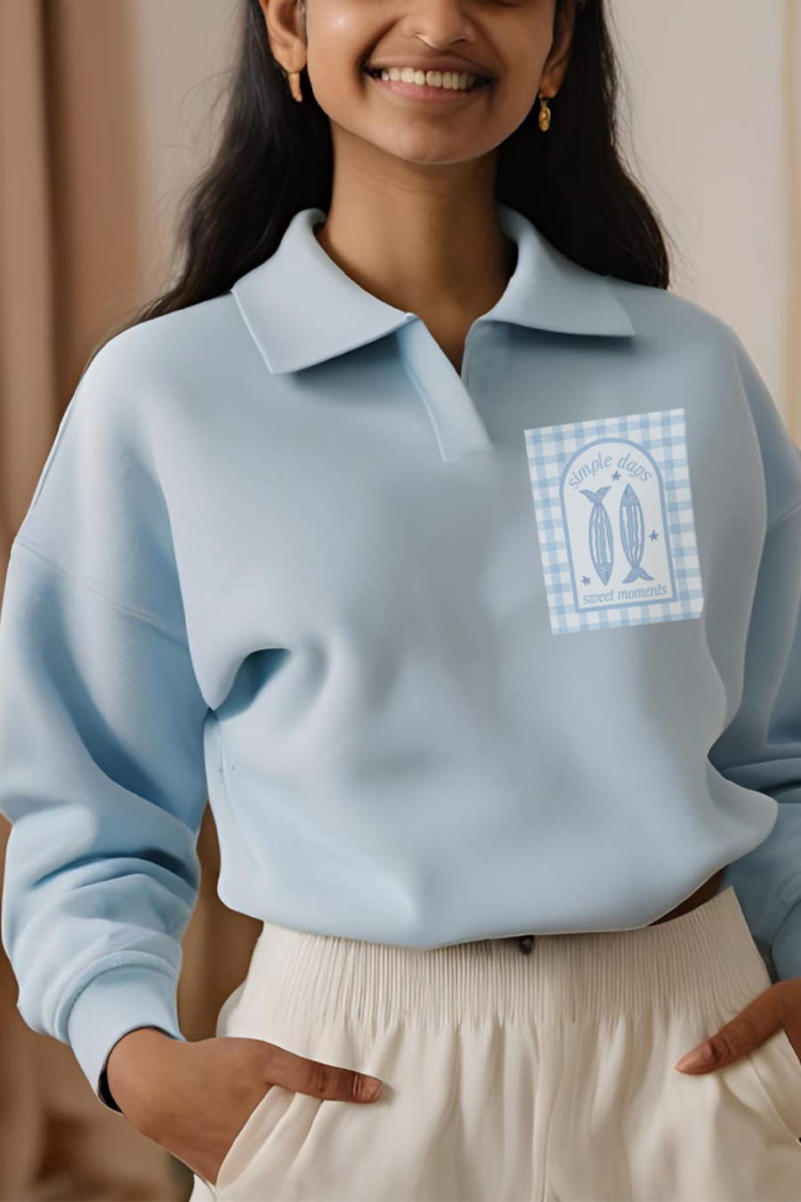 Simple Days Sardines Long Sleeve Collar Sweatshirt