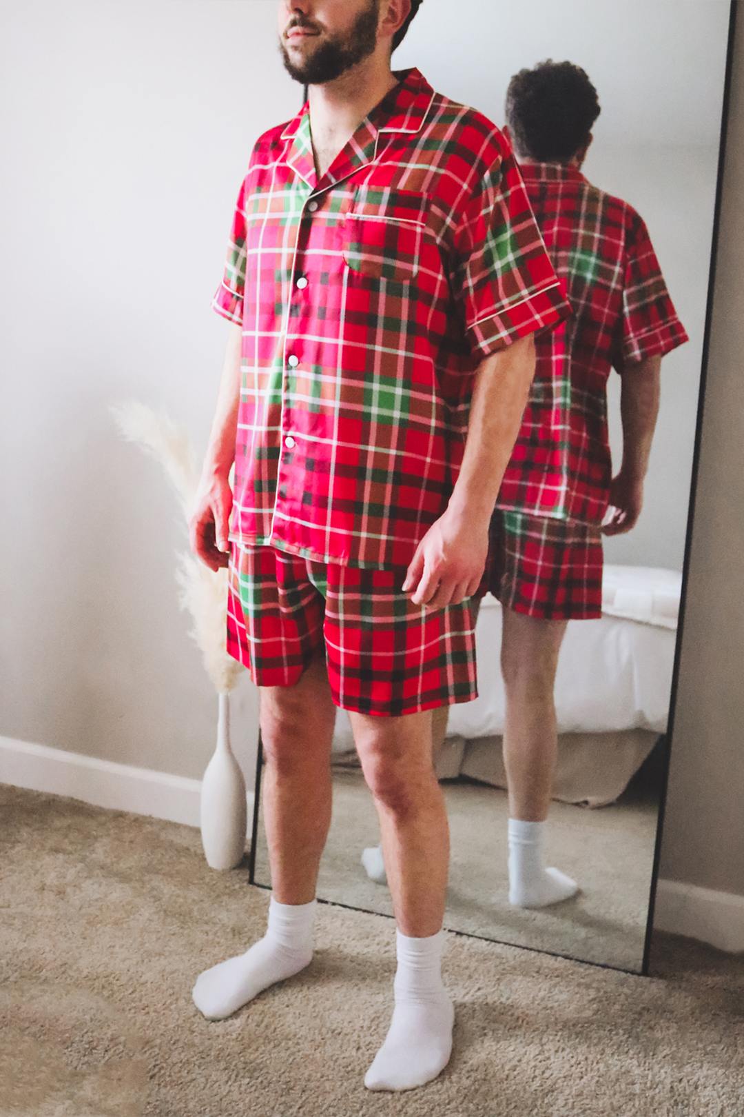 Men's Red Satin Plaid pajamas