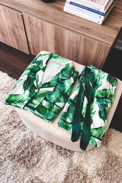 Women's Green Banana Leaf Pajamas with Ribbon Shorts