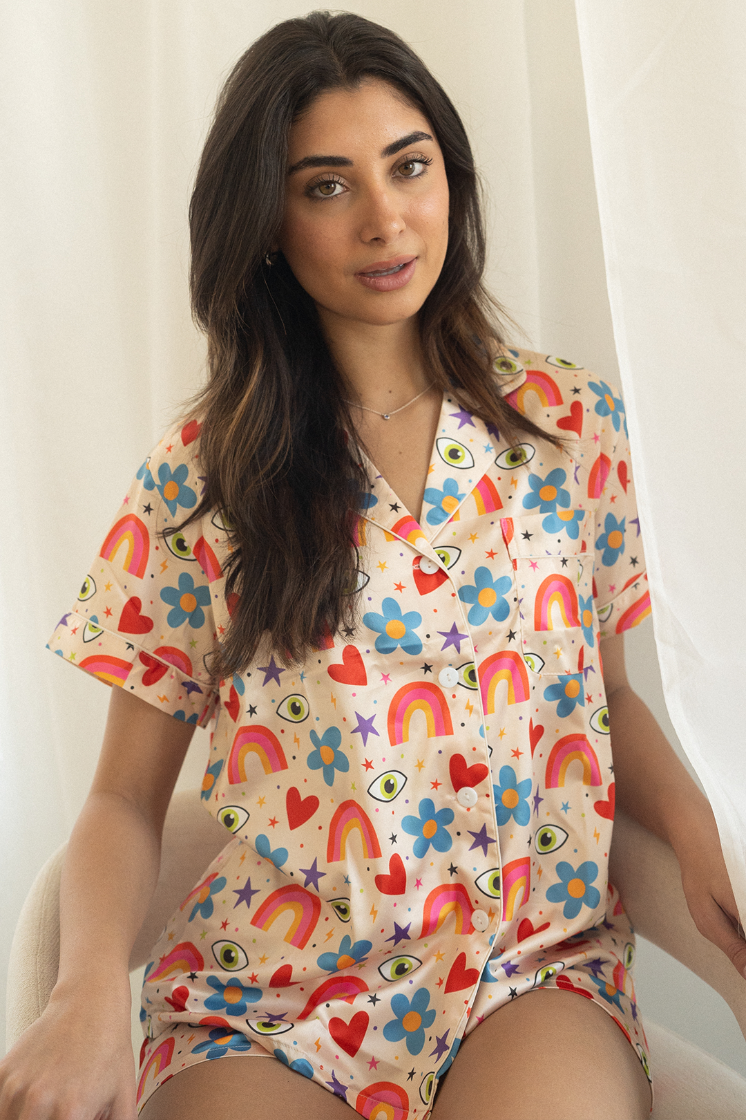 Beige Icons Satin Pajamas