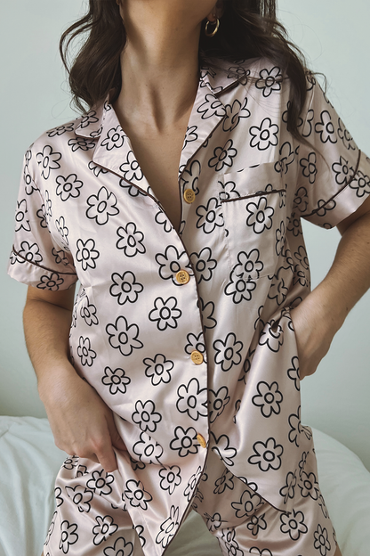 Beige Daisy Satin Pajamas