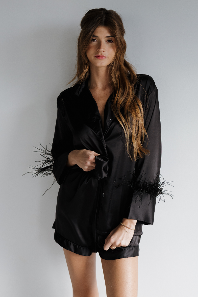Black Feathers Satin Shorts Set Spikes and Seams Black Feathers Satin Shorts Set Spikes and Seams