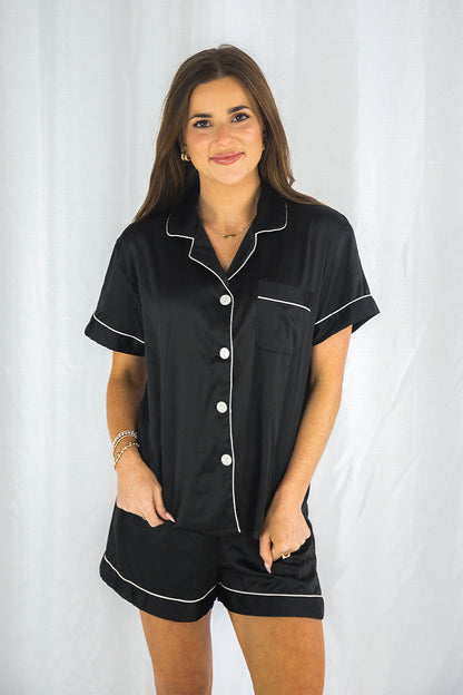 Black Satin Pajamas Shorts Set