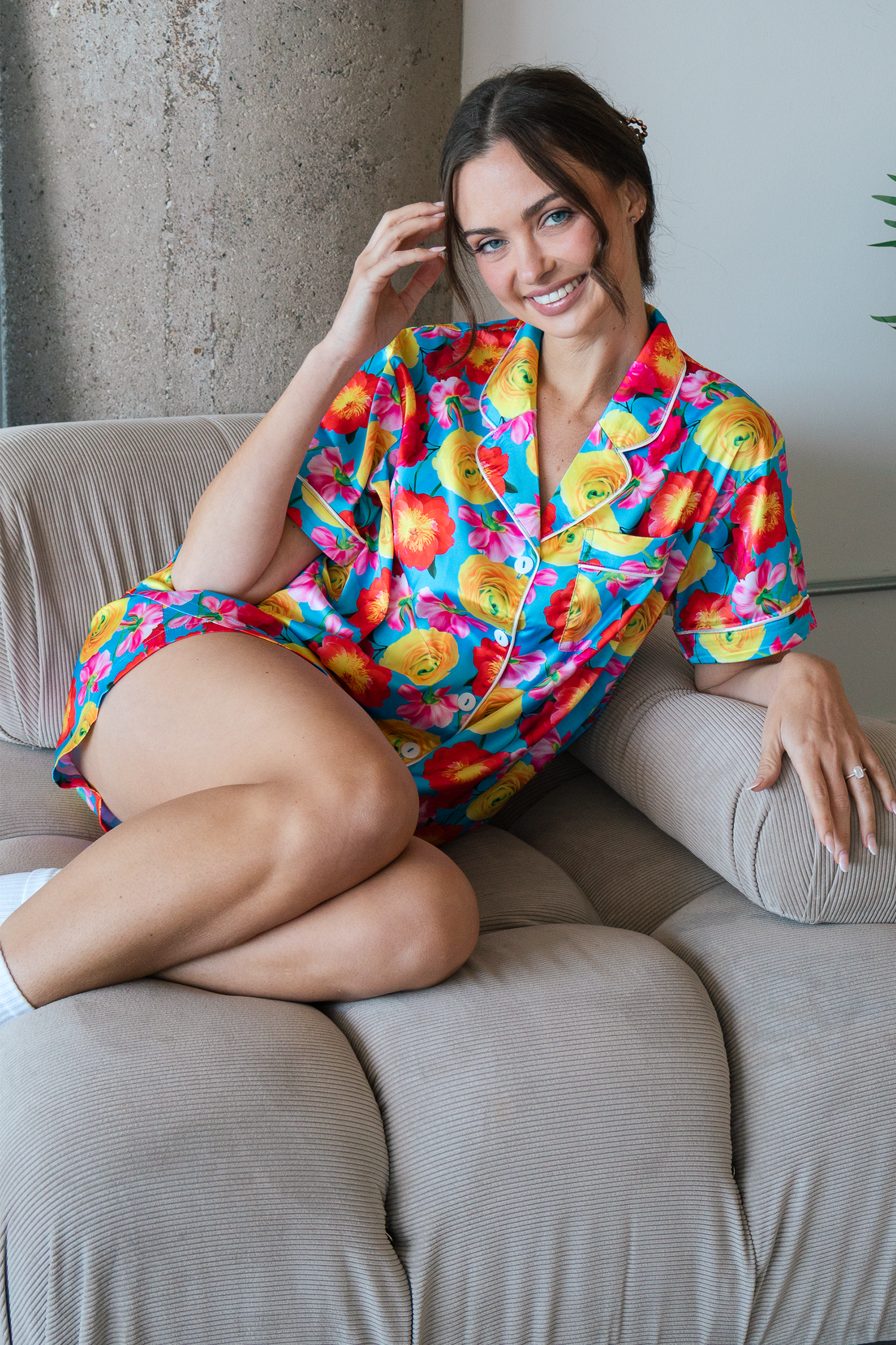 Blue Floral Satin Pajamas