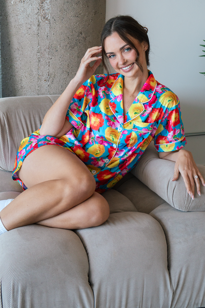 Blue Floral Satin Pajamas