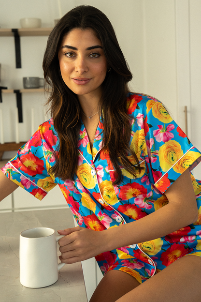 Blue Floral Satin Pajamas