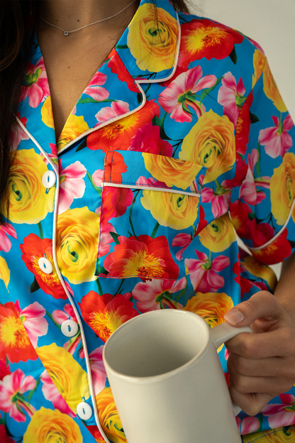 Blue Floral Satin Pajamas