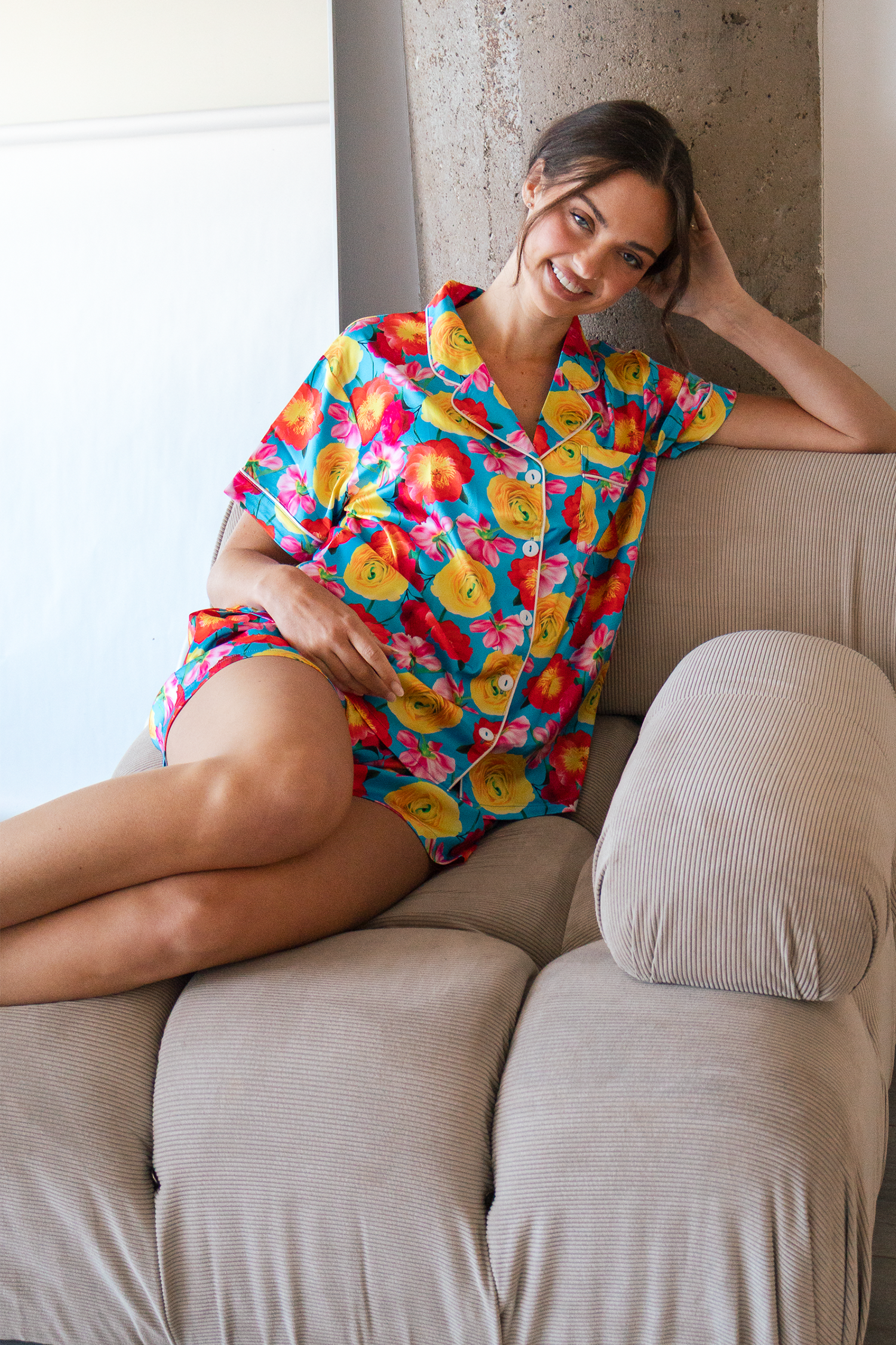 Blue Floral Satin Pajamas