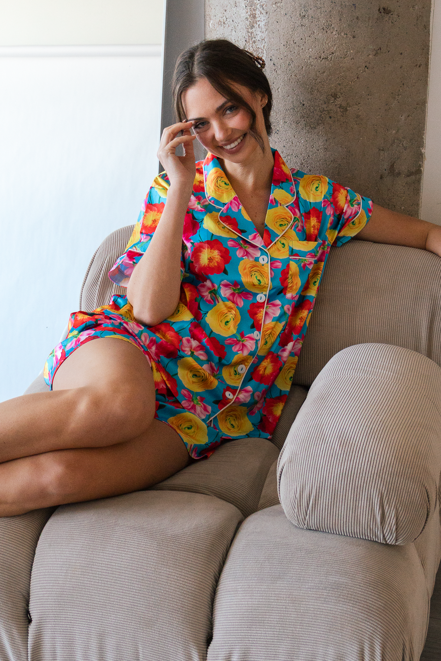 Blue Floral Satin Pajamas