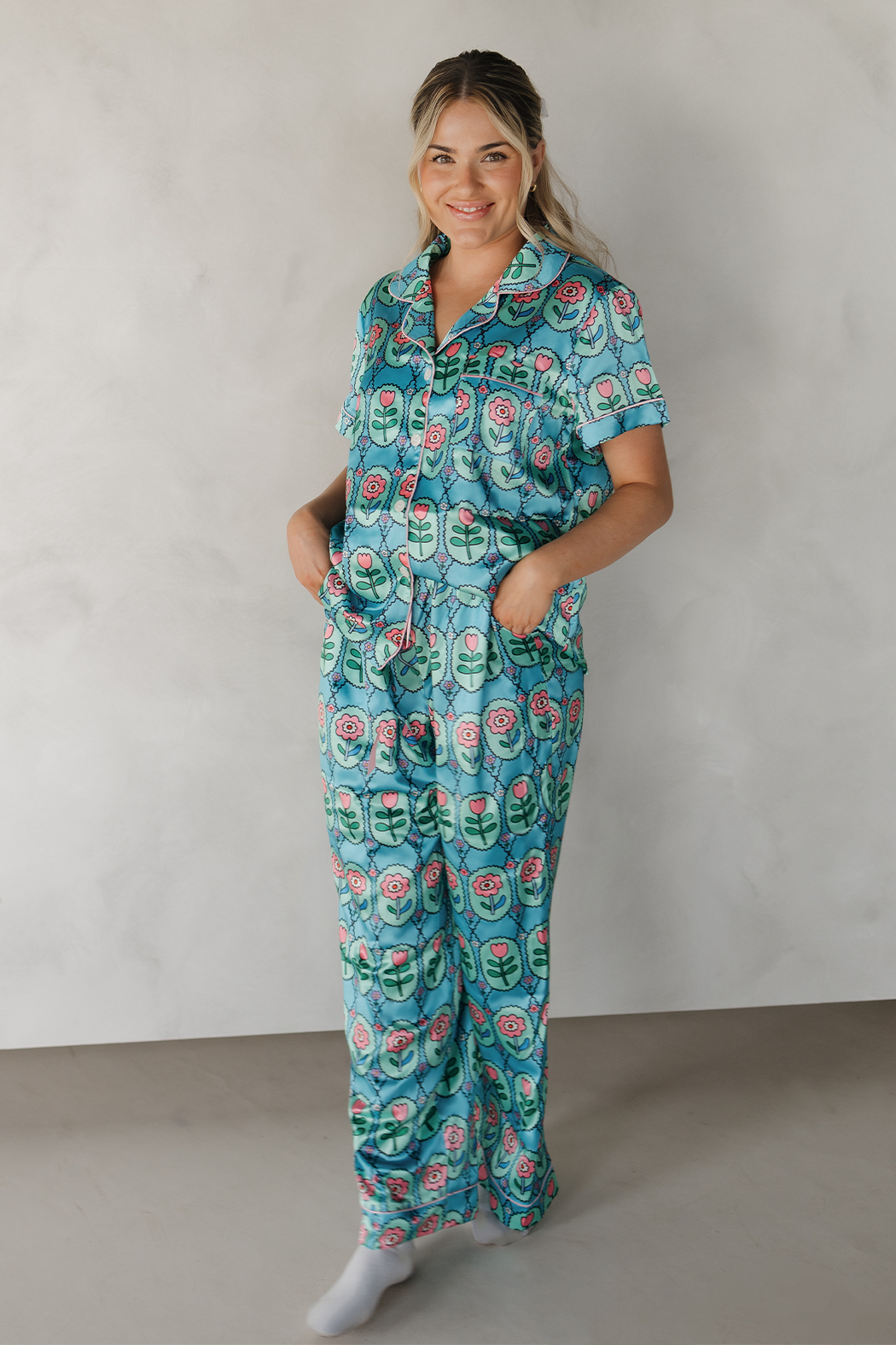 Blue Floral Fantasy Satin Pajamas Pants Set