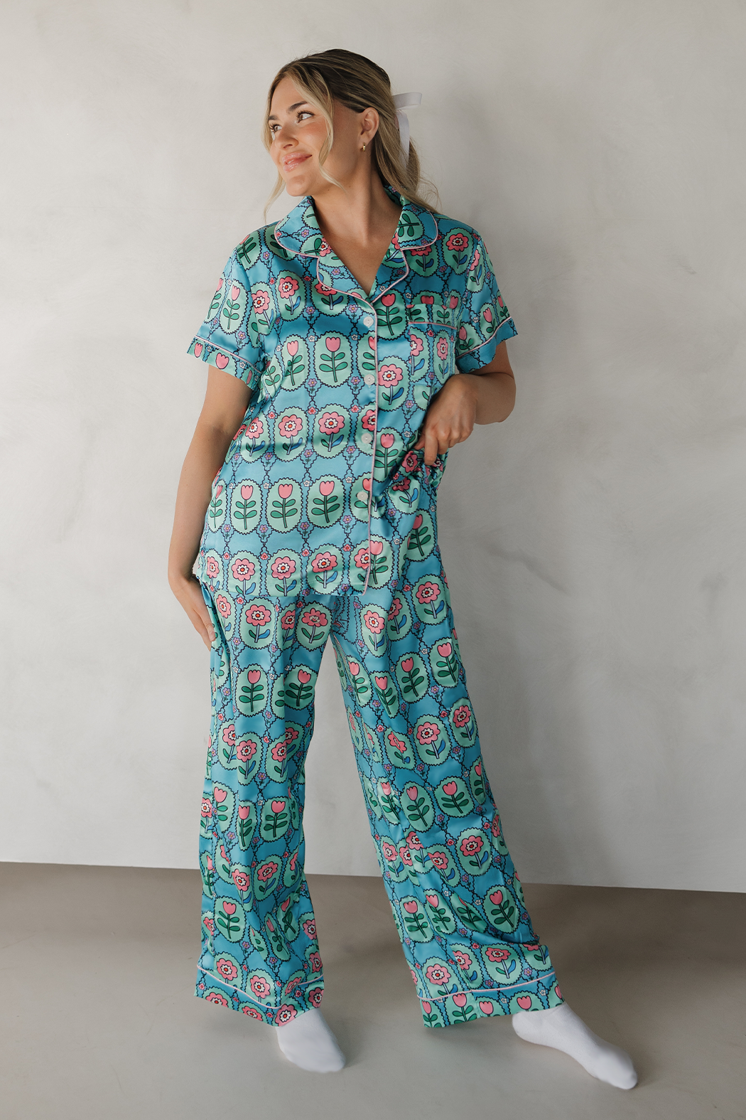 Blue Floral Fantasy Satin Pajamas Pants Set