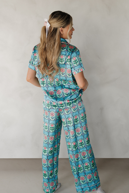 Blue Floral Fantasy Satin Pajamas Pants Set