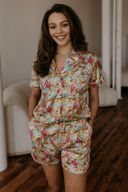 Blue Tiger Print Satin Pajamas