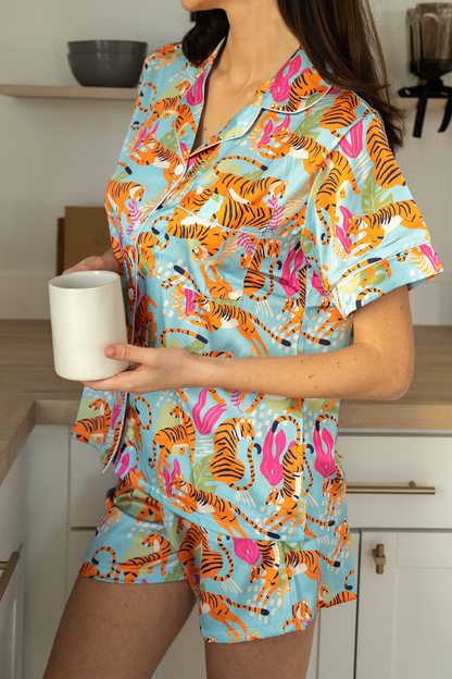 Blue Tiger Print Satin Pajamas