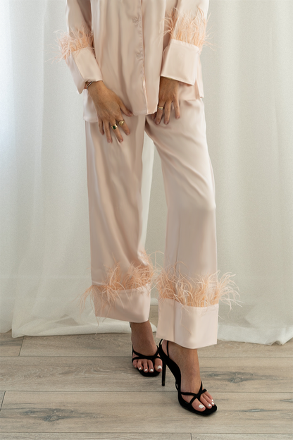 Blush Feather Satin Pants Set