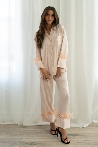 Blush Feather Satin Pants Set