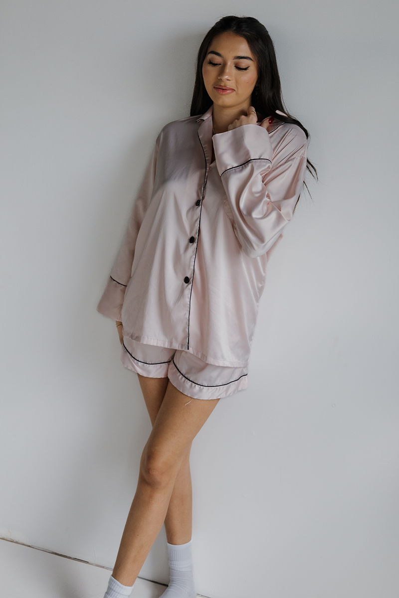 Blush Long Sleeve Top and Shorts Set with Black trim