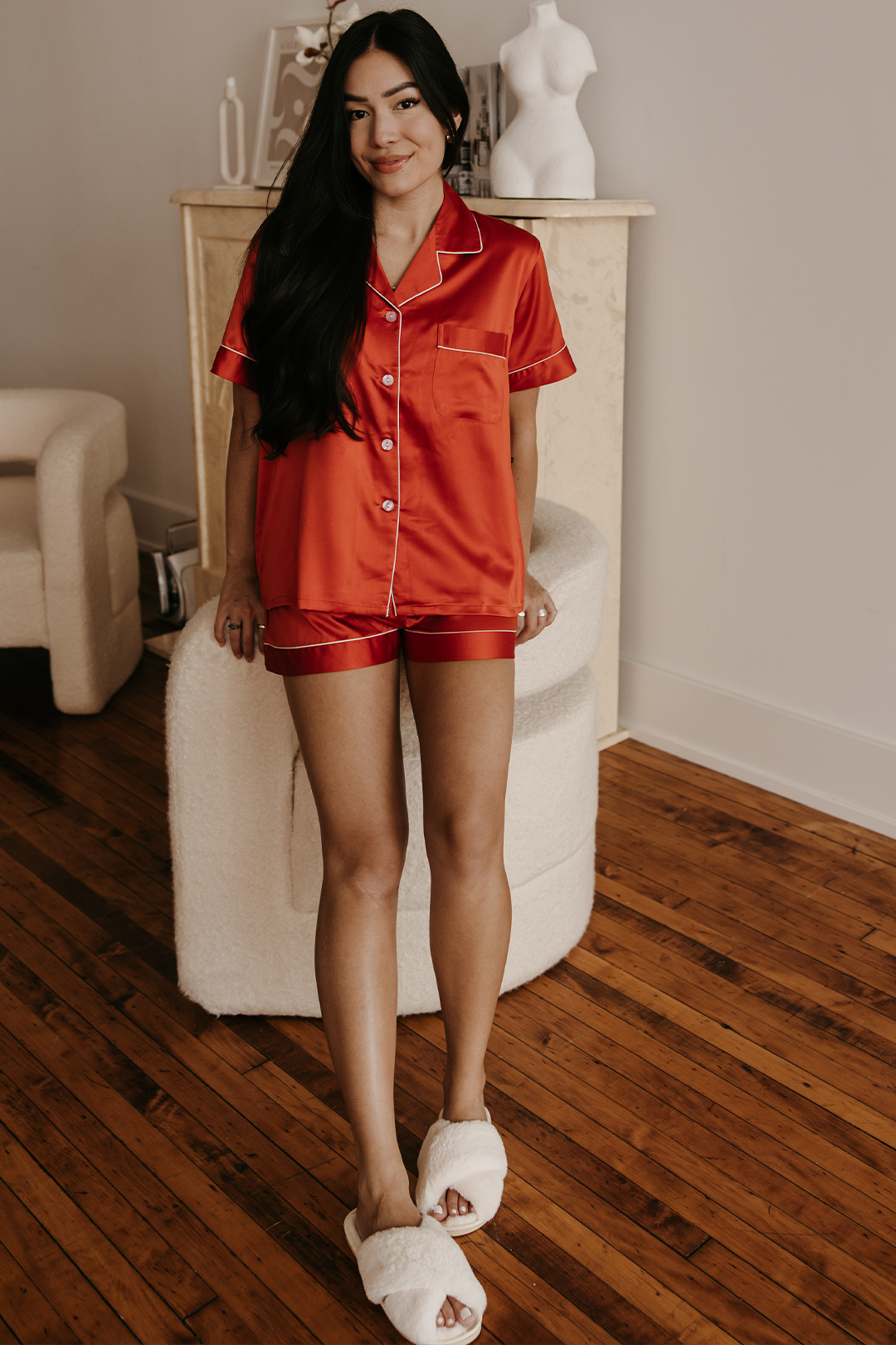 Bright Orange Satin Pajamas Shorts Set