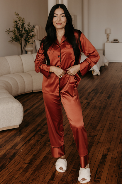 Burnt Orange Satin Pajamas Pants Set