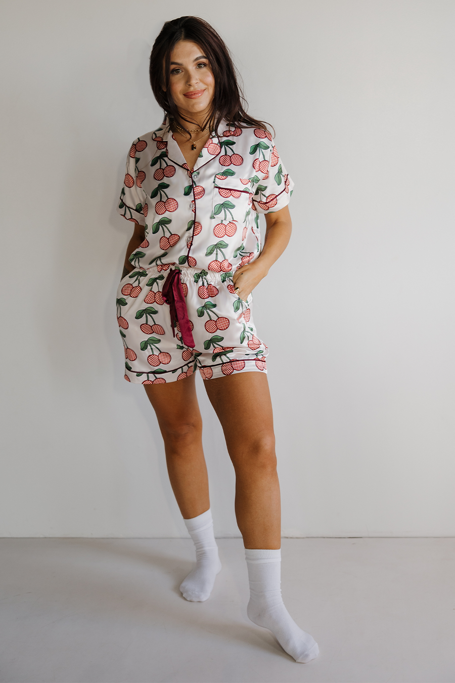 Cherries & Checks Pajamas with Ribbon Shorts