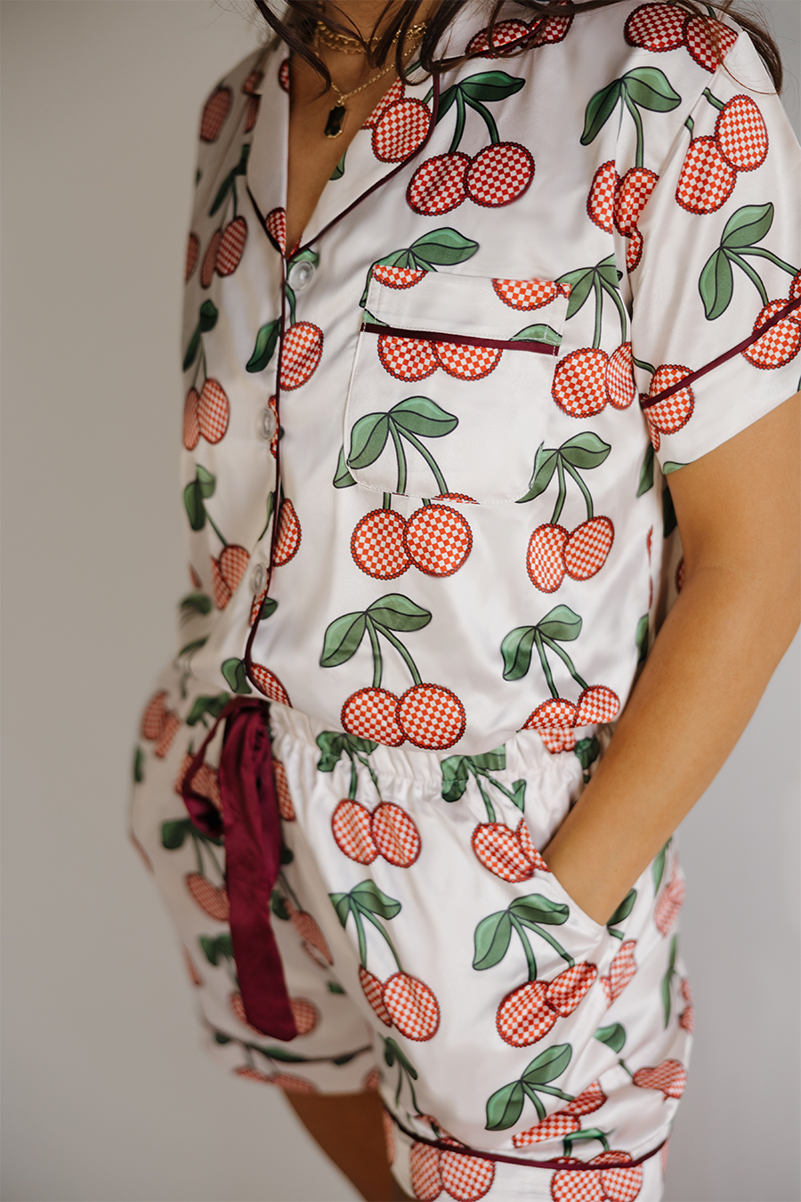 Cherries & Checks Pajamas with Ribbon Shorts