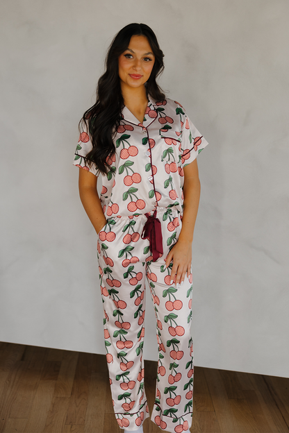 Cherries & Checks Satin Pajamas Pants Set with Ribbon tie