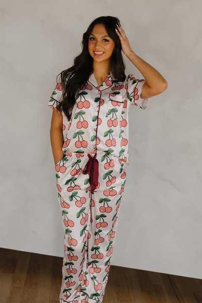 Cherries & Checks Satin Pajamas Pants Set with Ribbon tie