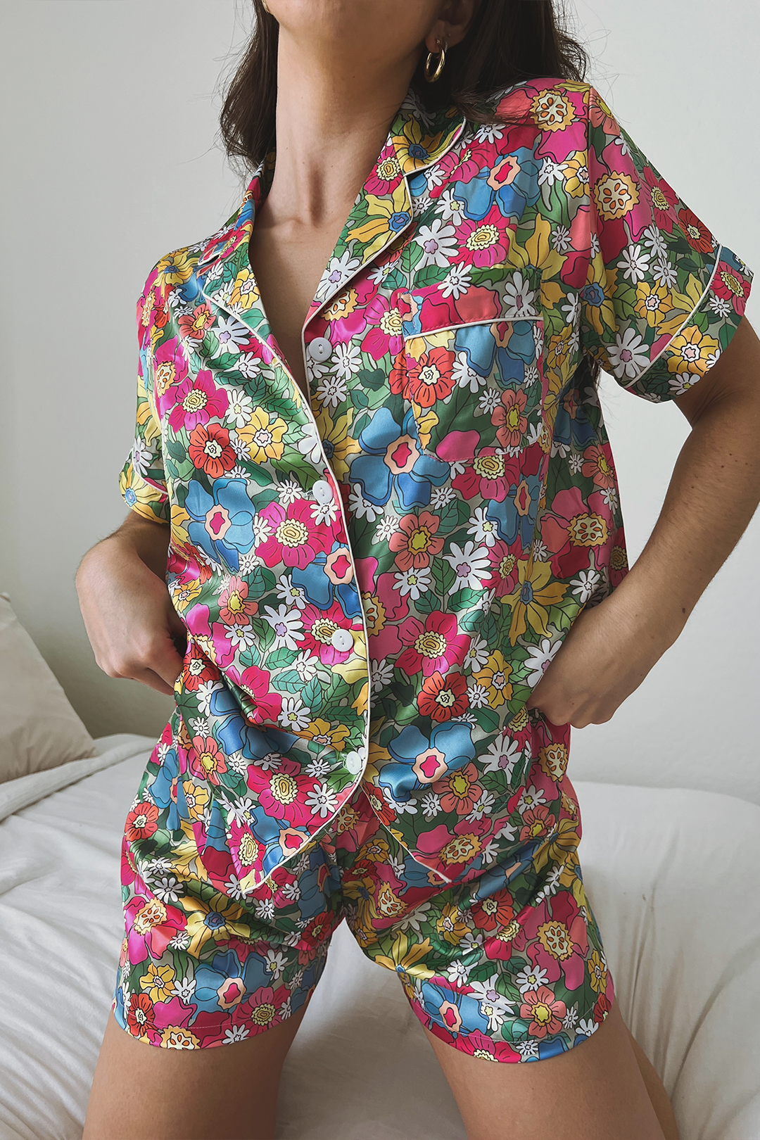 Flowerland Satin Pajamas Shorts Set