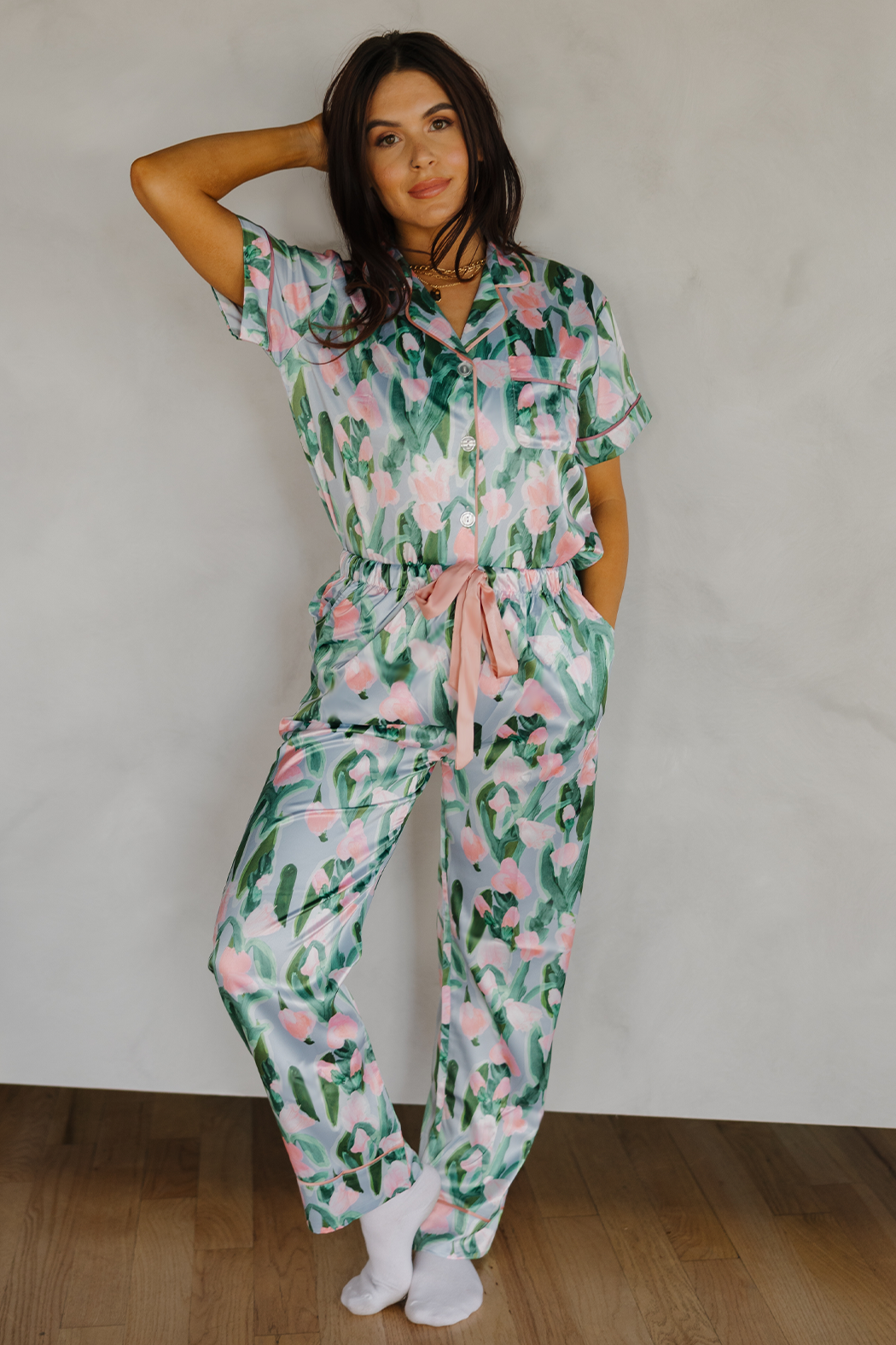 Fluid Tulips Satin Pajamas Pants Set