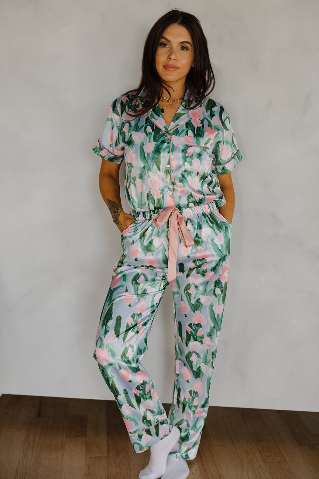 Fluid Tulips Satin Pajamas Pants Set