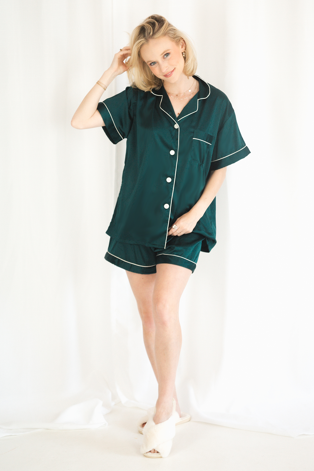 Forest Green Satin Pajamas Shorts Set