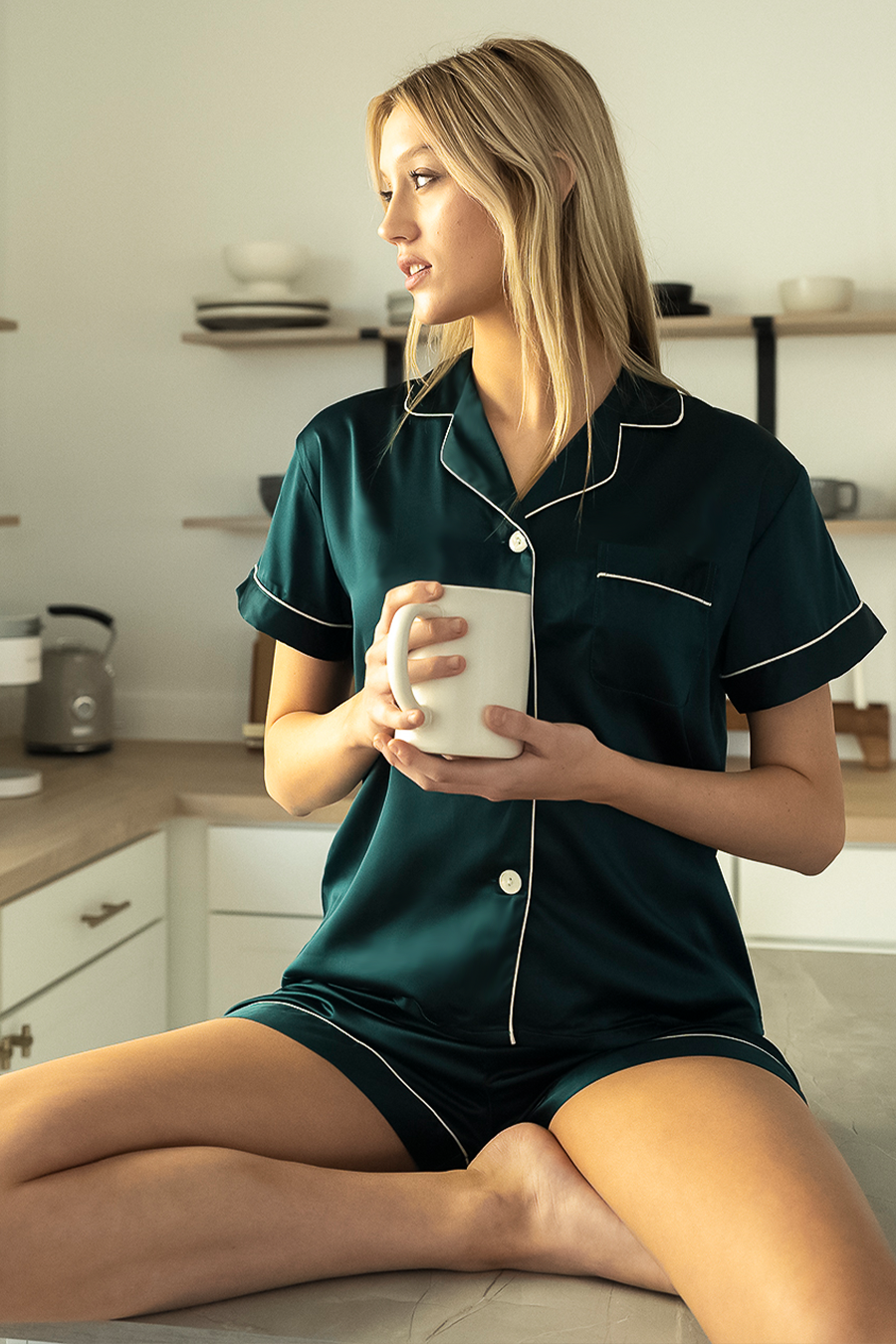 Forest Green Satin Pajamas Shorts Set