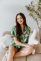 Green Banana Leaf Satin Shorts Set