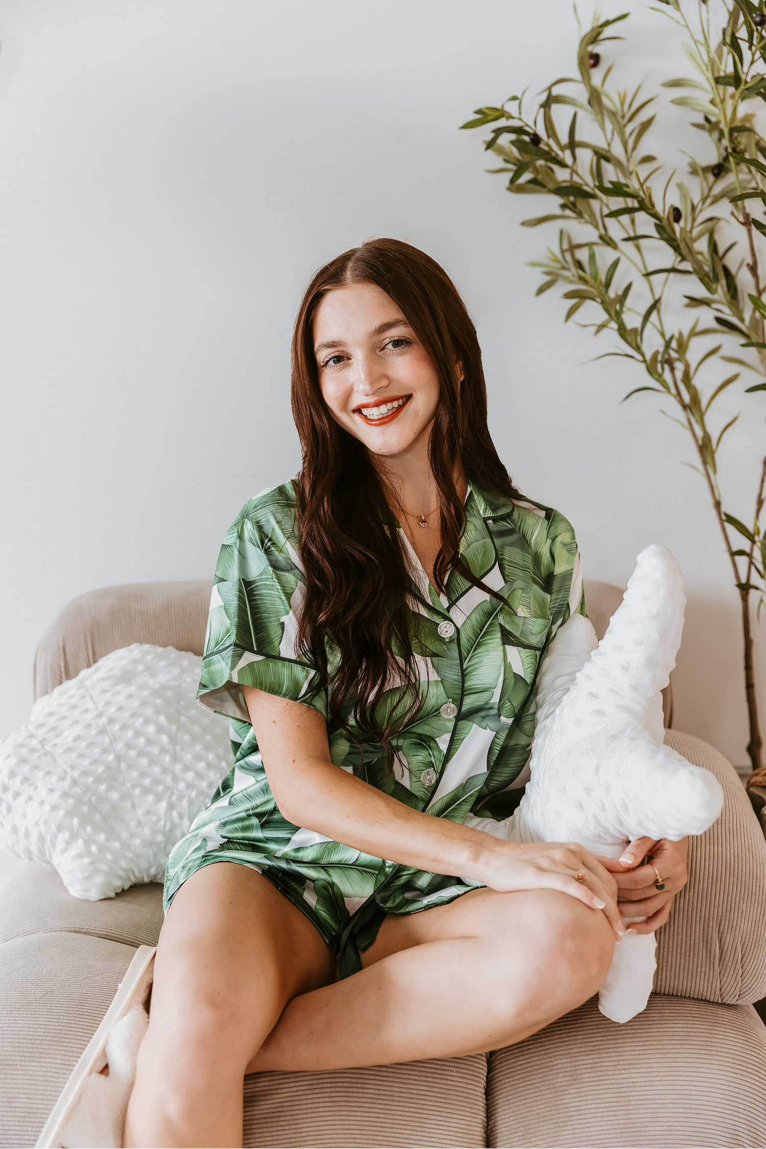 Green Banana Leaf Satin Shorts Set