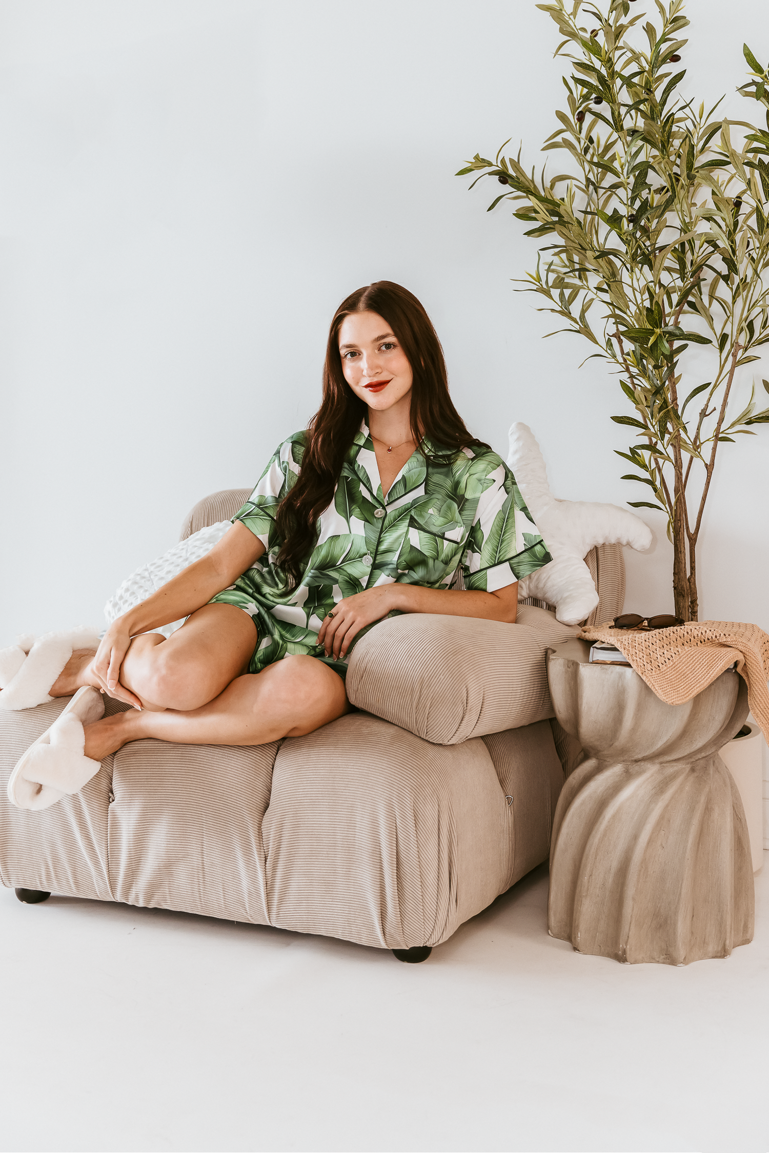 Green Banana Leaf Satin Shorts Set