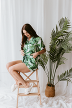 Green Banana Leaf Satin Shorts Set