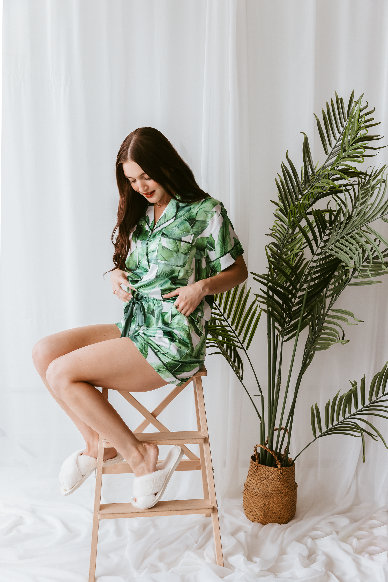 Green Banana Leaf Satin Shorts Set