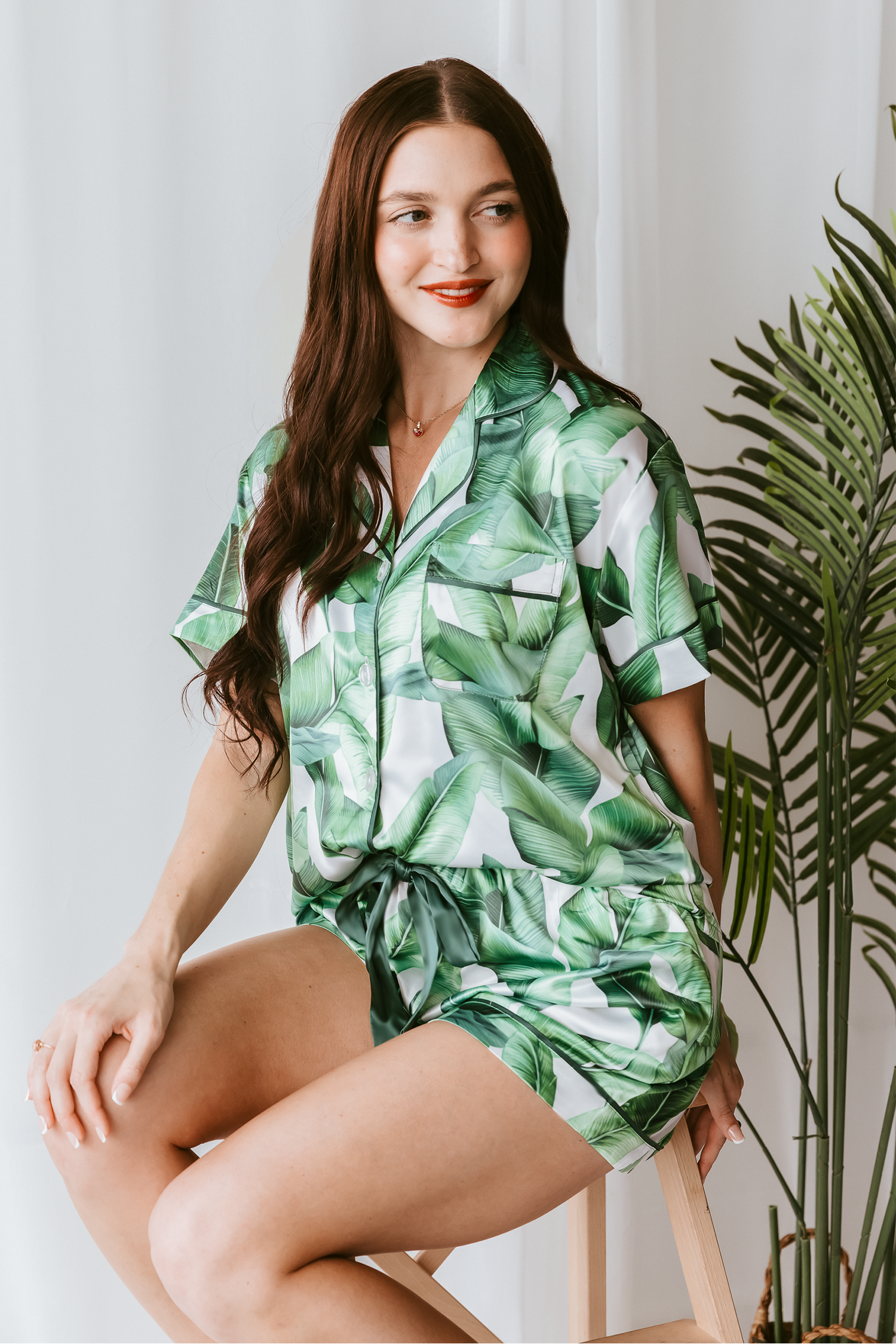Green Banana Leaf Satin Shorts Set