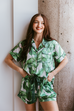 Green Banana Leaf Satin Shorts Set