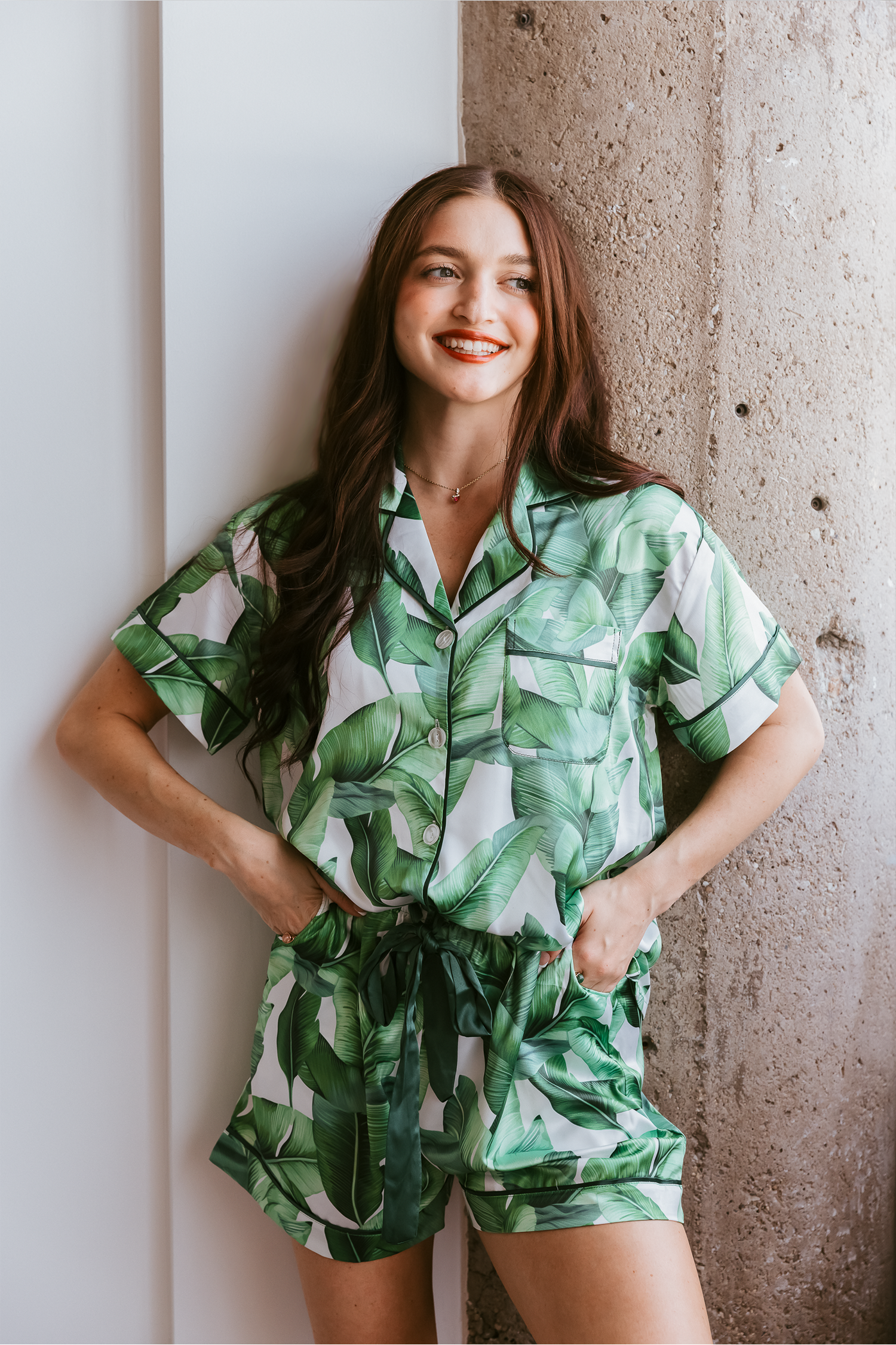 Green Banana Leaf Satin Shorts Set