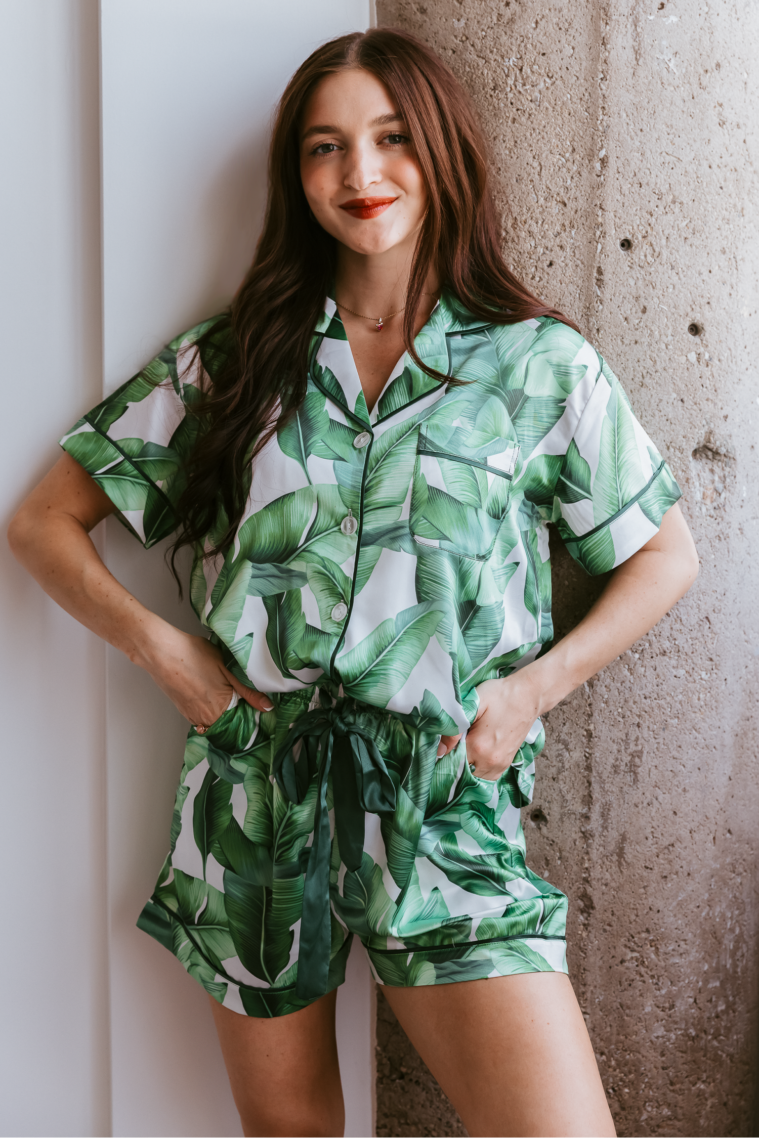 Green Banana Leaf Satin Shorts Set