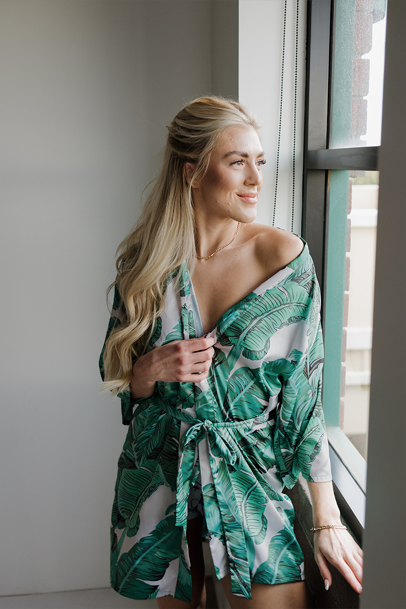 Green Banana Leaf Satin Robe Spikes and Seams Green Banana Leaf Satin Robe Spikes and Seams