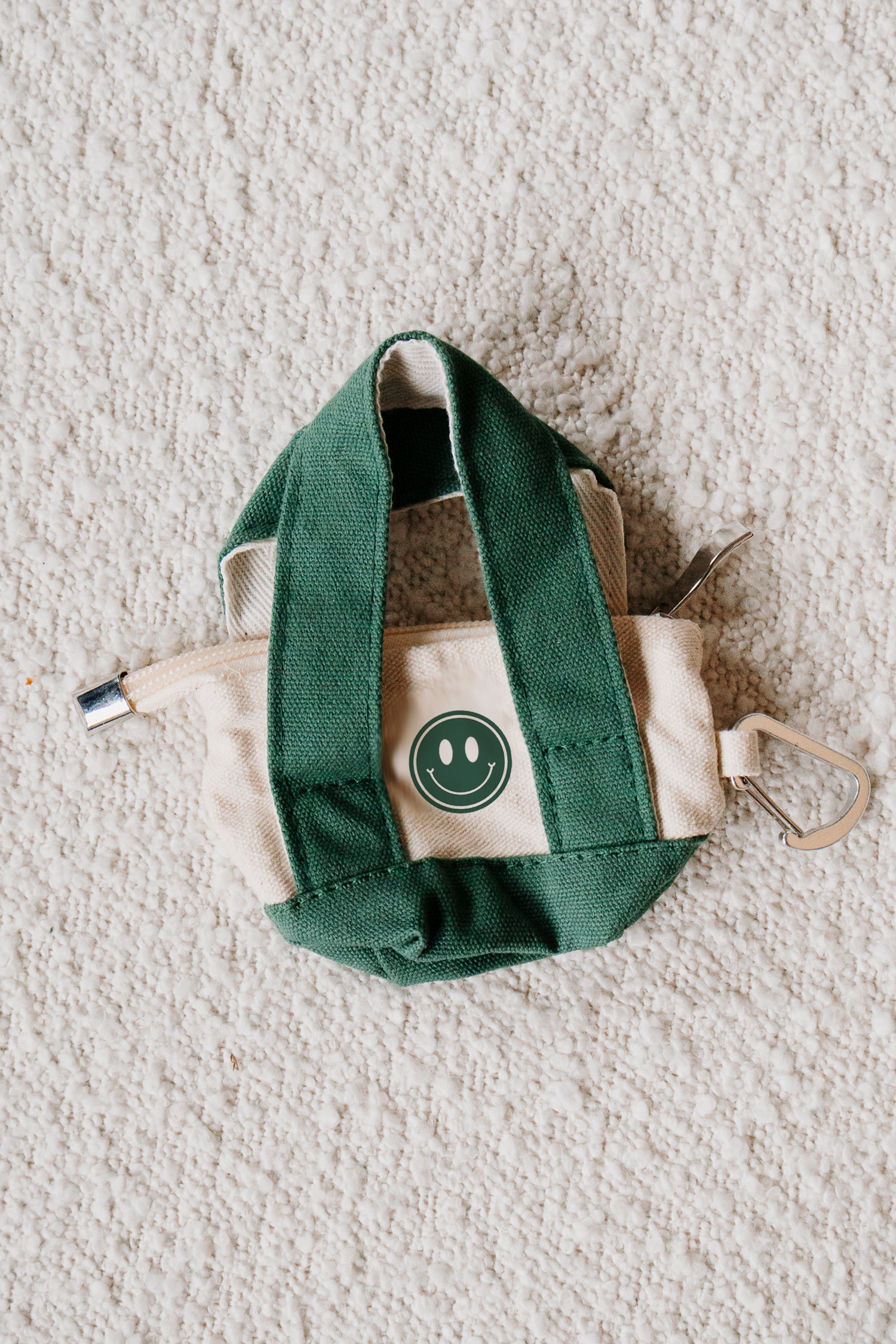 Green Mini Tote Keychain - Smiley Design